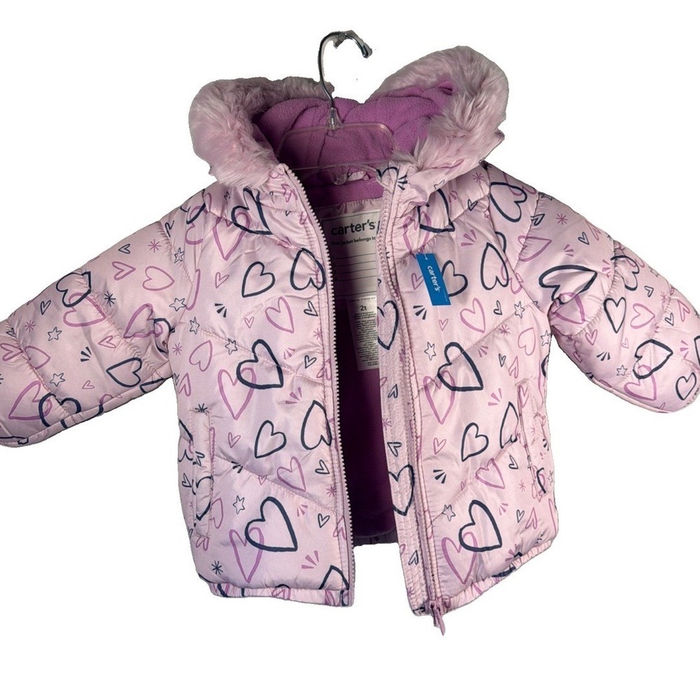 Girls Puffer Jacket Carters 2T Pink Floral Hooded Coat Toddler Winter Zip Snap